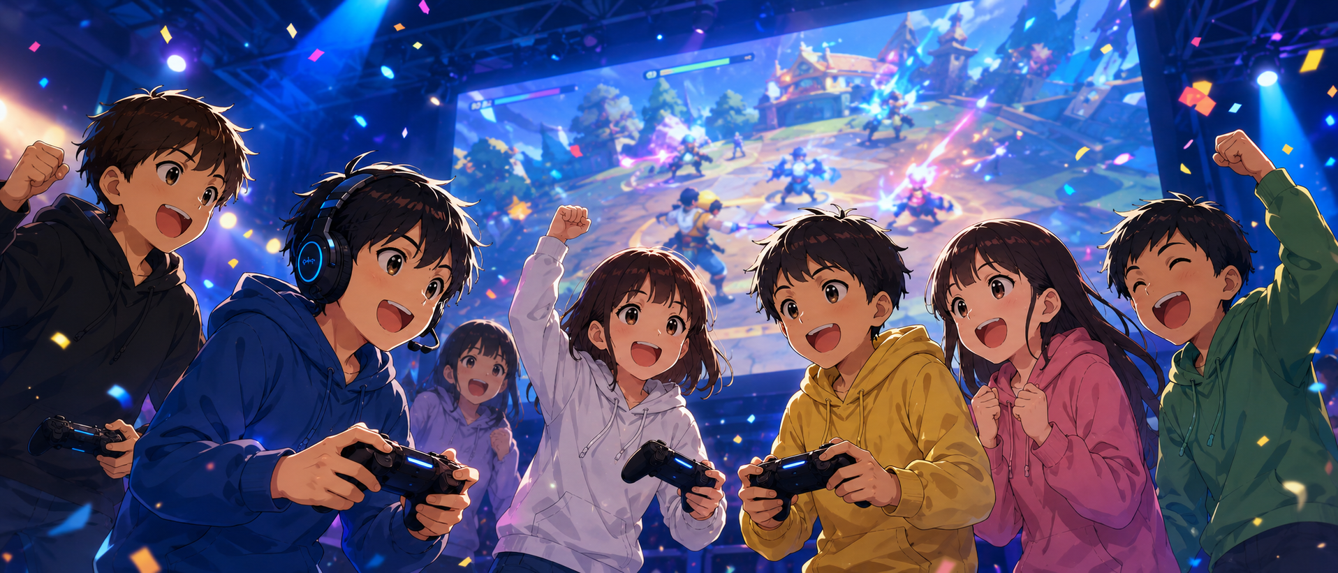 大きなスクリーンの前で子どもたちがゲーム大会を楽しんでいる様子