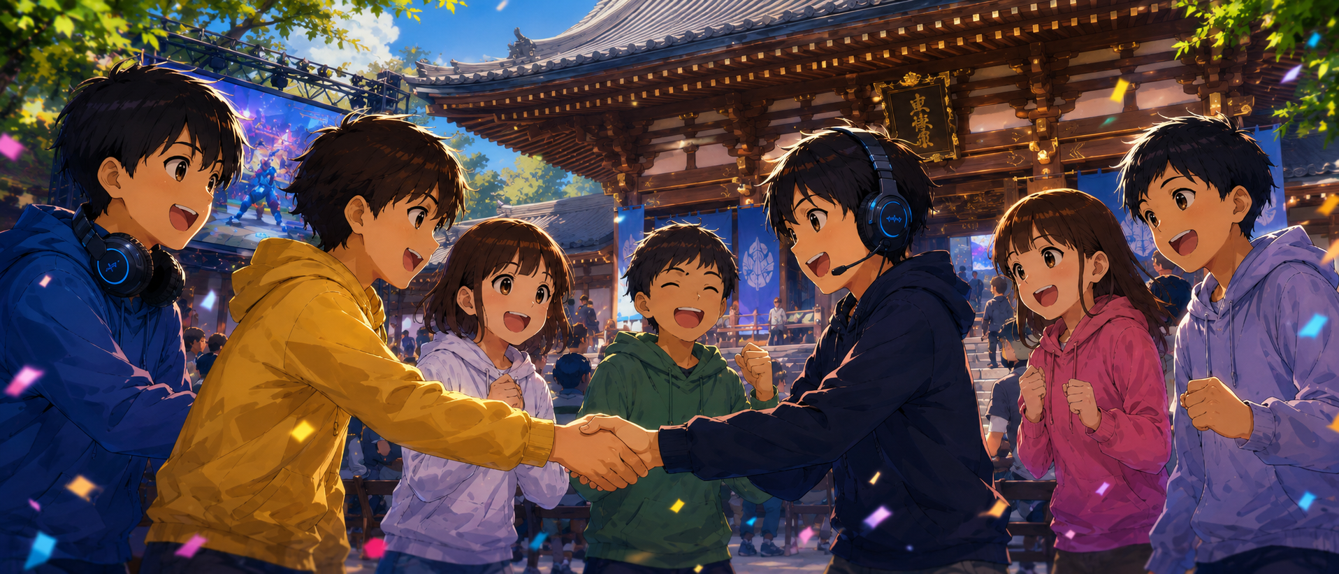 お寺を背景に、ゲーム大会を通して子どもたちが笑顔で握手している様子
